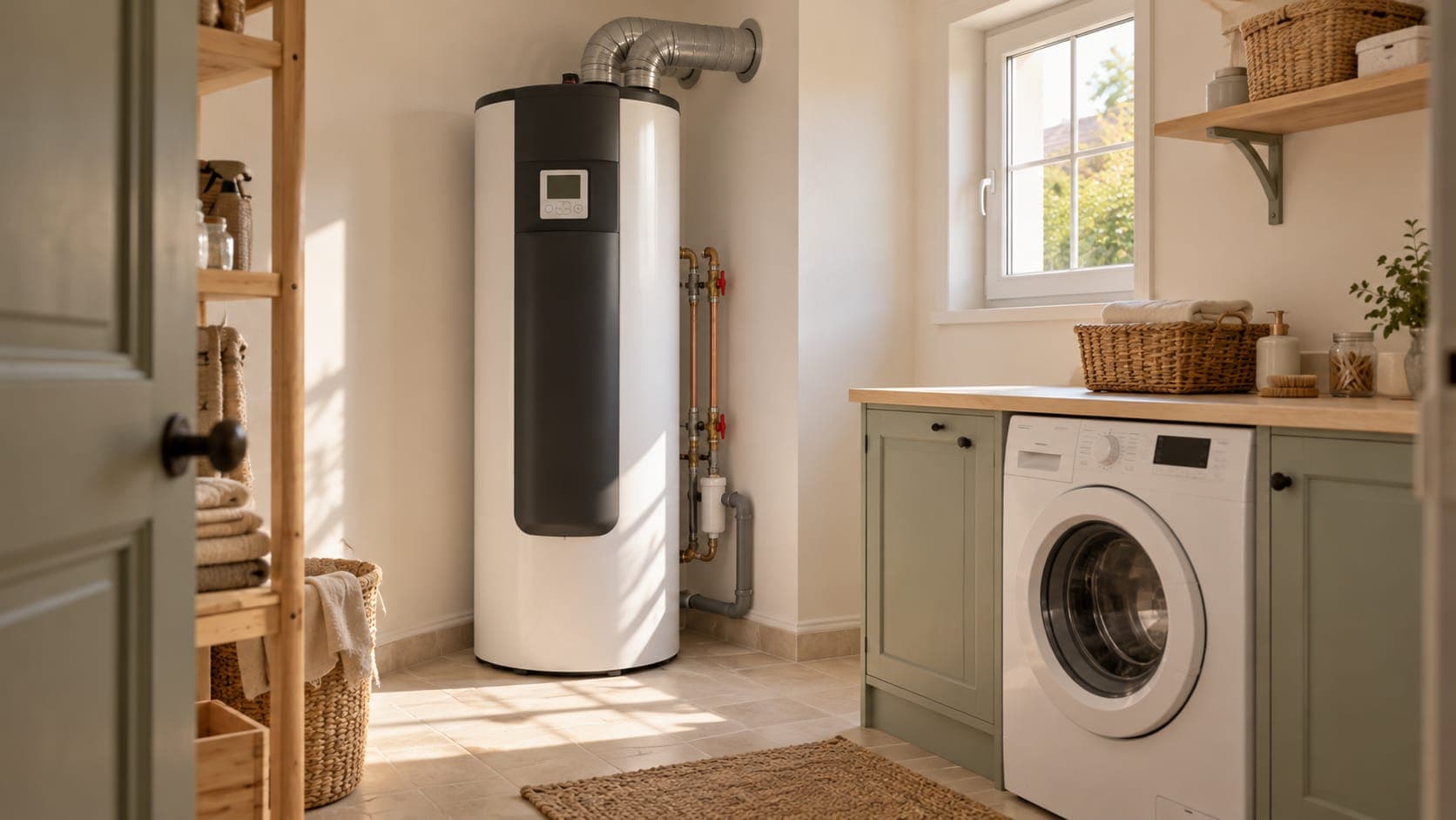 Un chauffe-eau thermodynamique installé dans une buanderie.