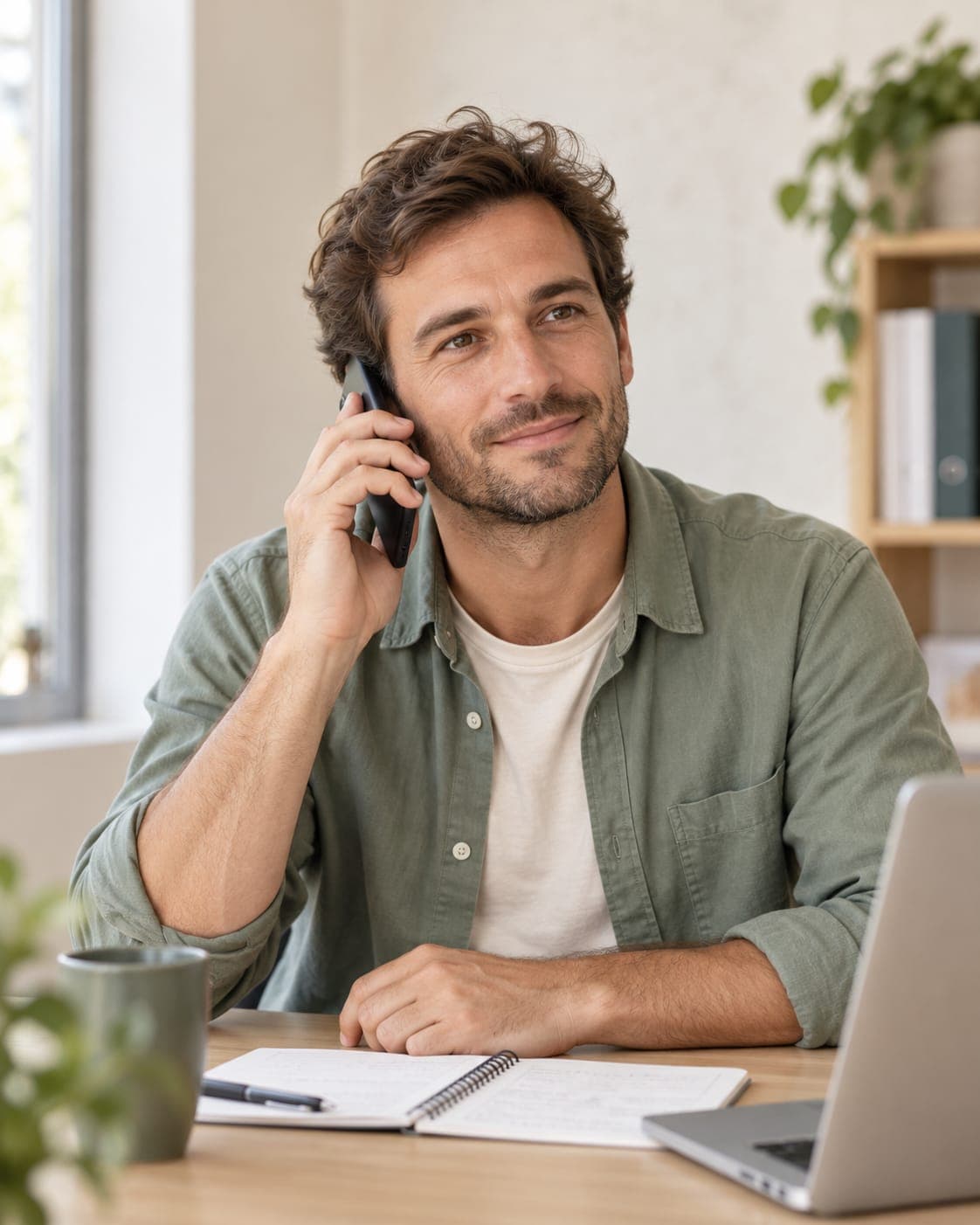 Un conseiller au téléphone, souriant, à son bureau.