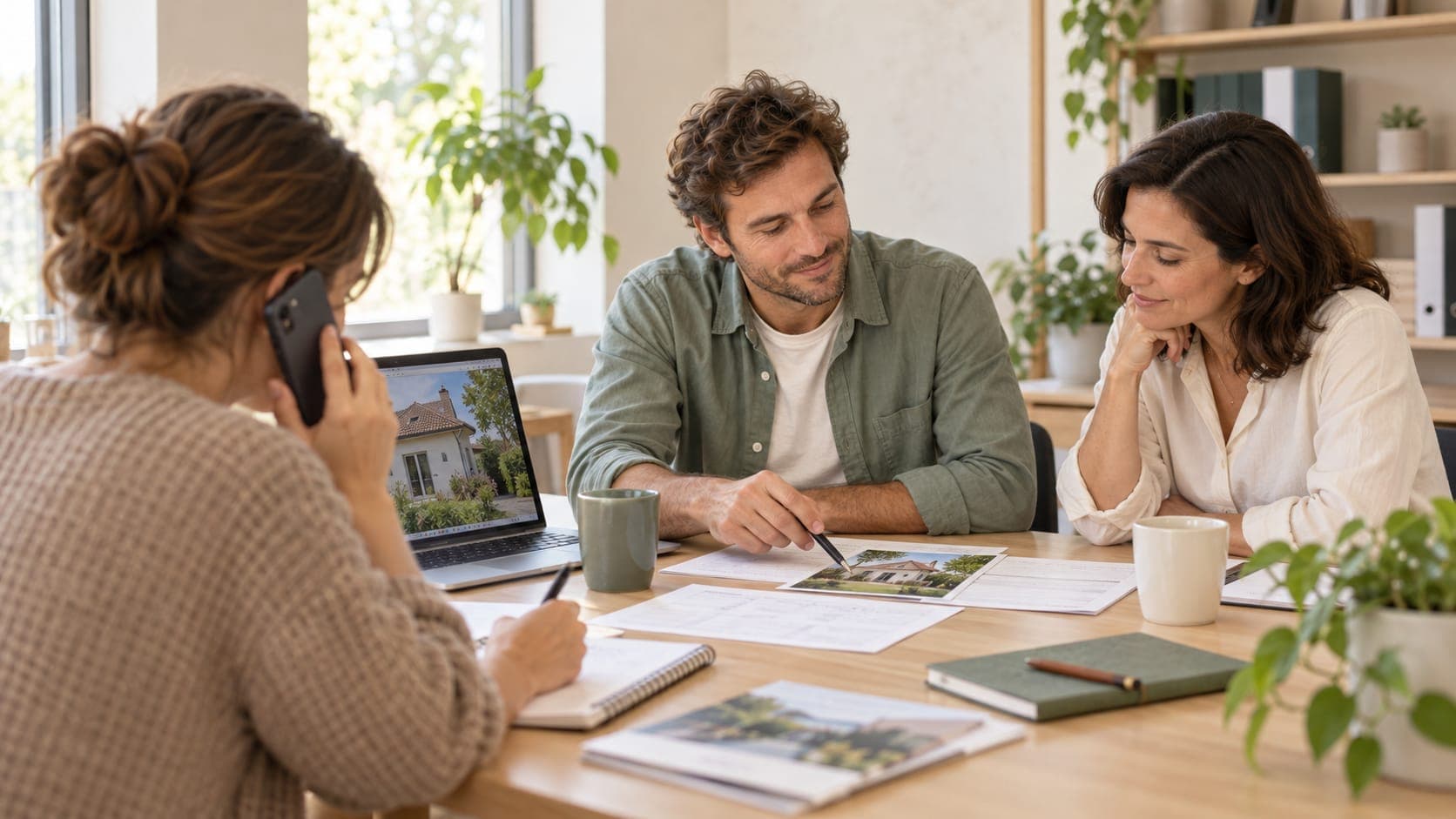Trois personnes autour d’une table étudient le dossier d’un projet de rénovation, l’une est au téléphone.
