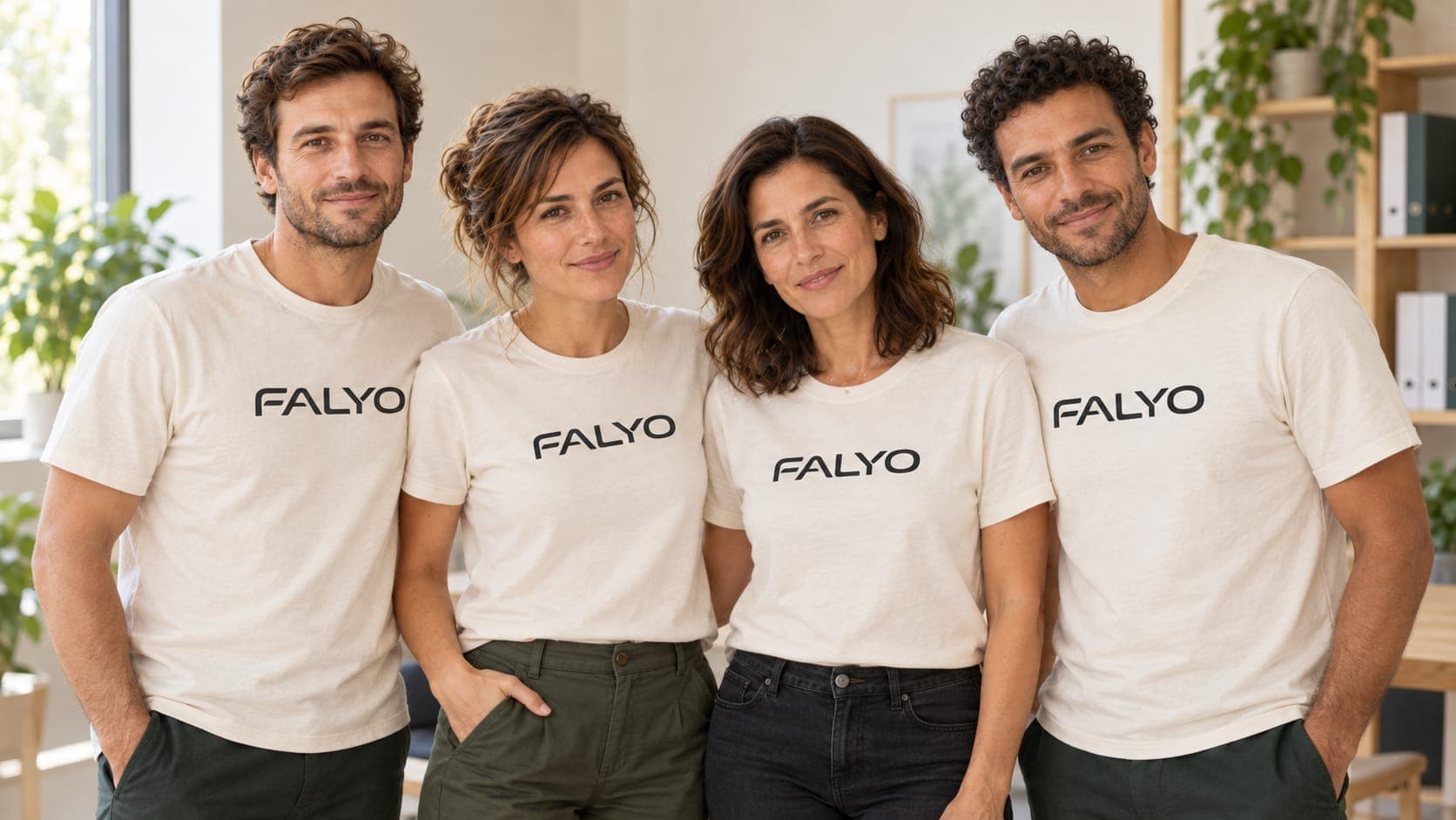 Quatre personnes côte à côte en t-shirts FALYO.
