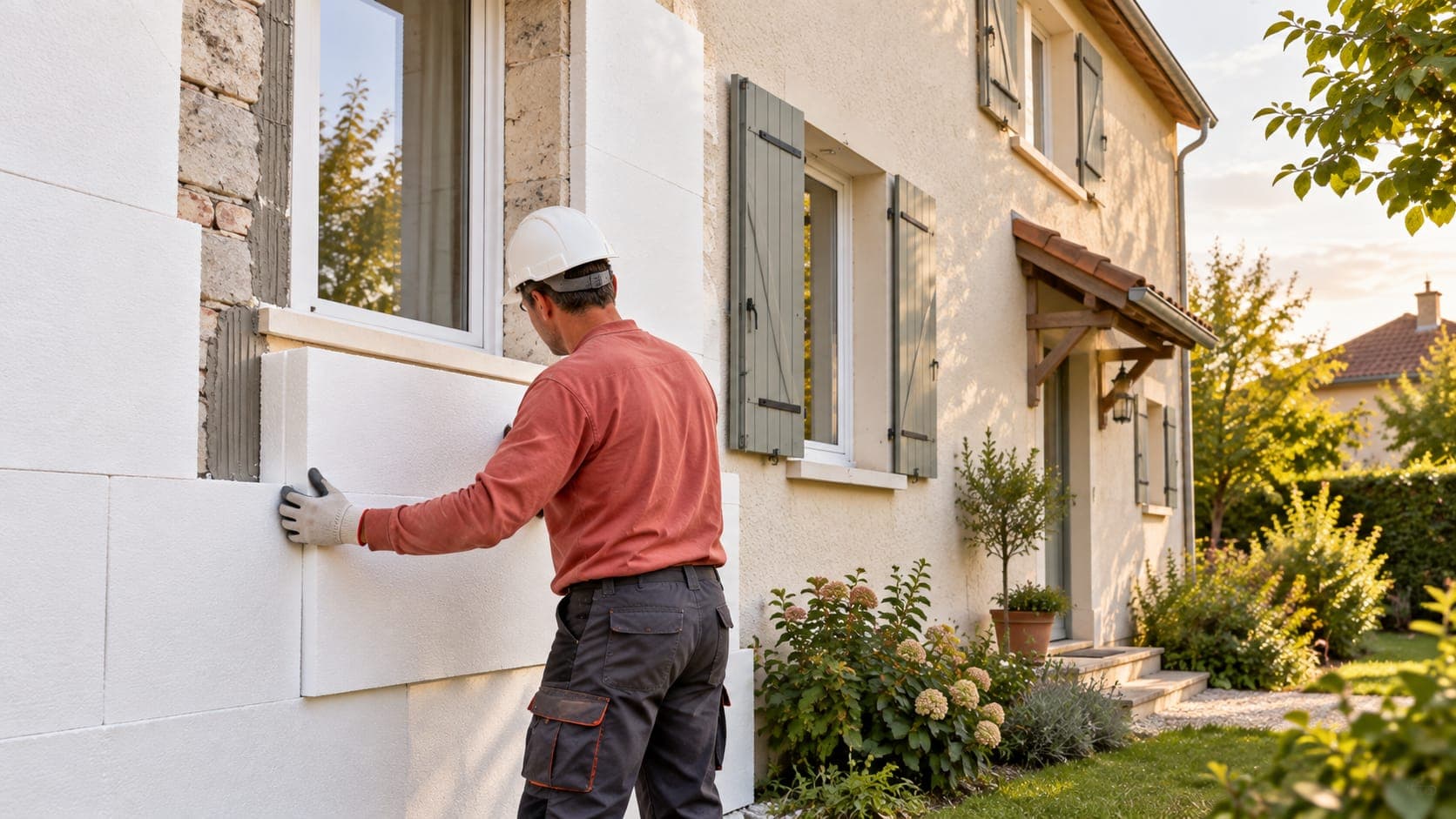 Un artisan pose des panneaux isolants sur la façade d’une maison.