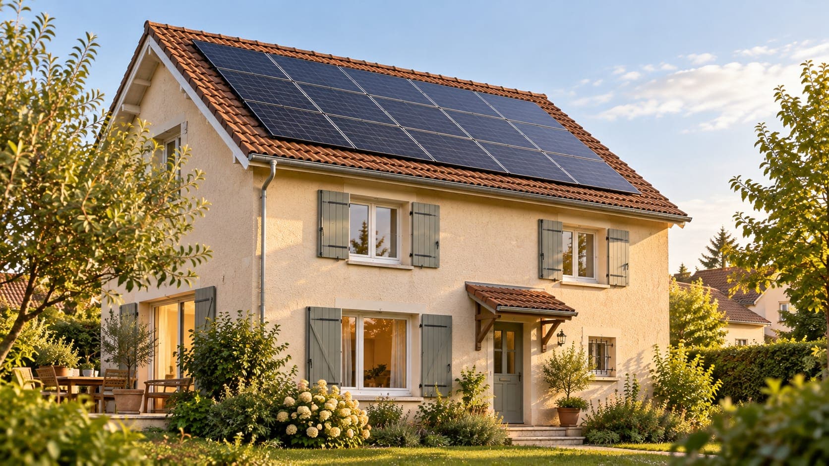 Une maison avec des panneaux solaires sur le toit.