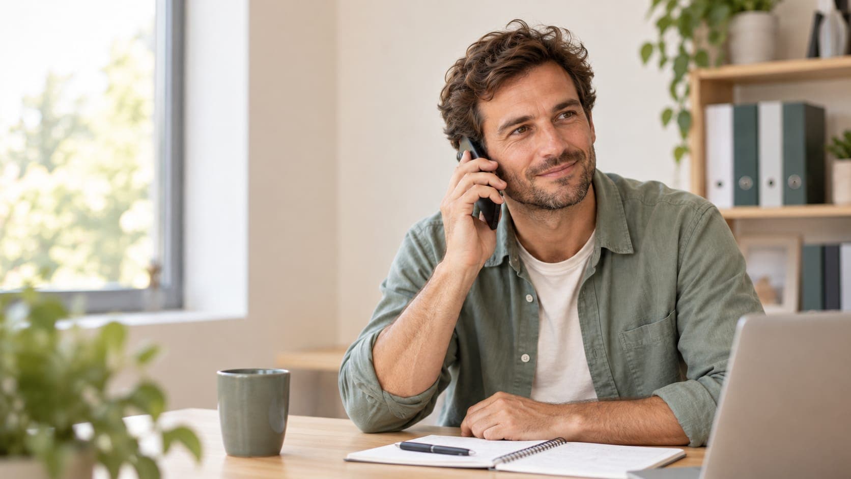 Un conseiller au téléphone, à son bureau, pendant un premier échange.