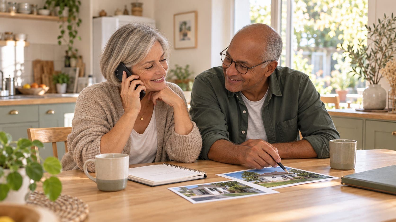 Un couple prépare son projet de rénovation à la table de la cuisine, pendant un appel.