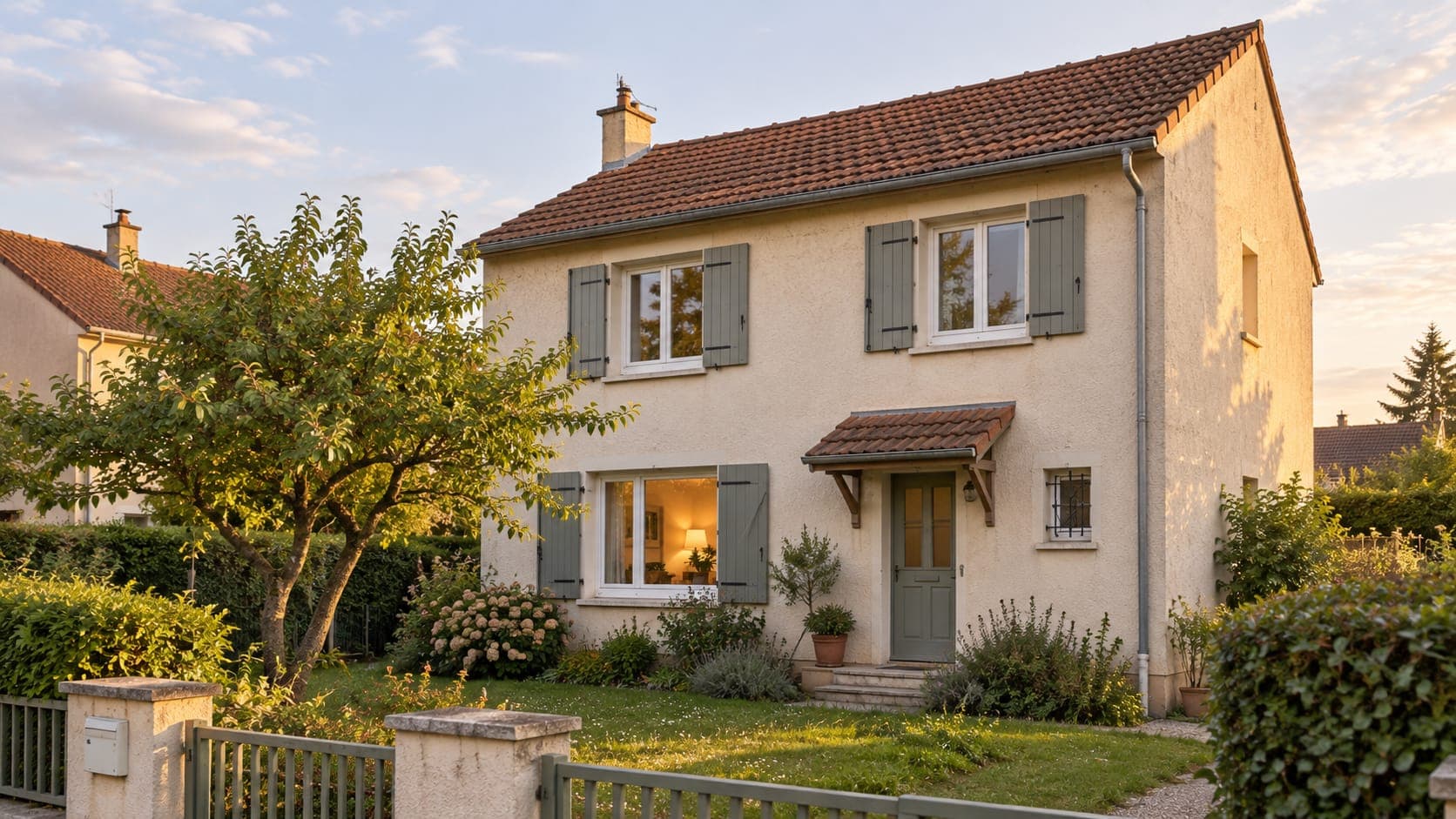 Une maison individuelle ordinaire en lumière de fin de journée.